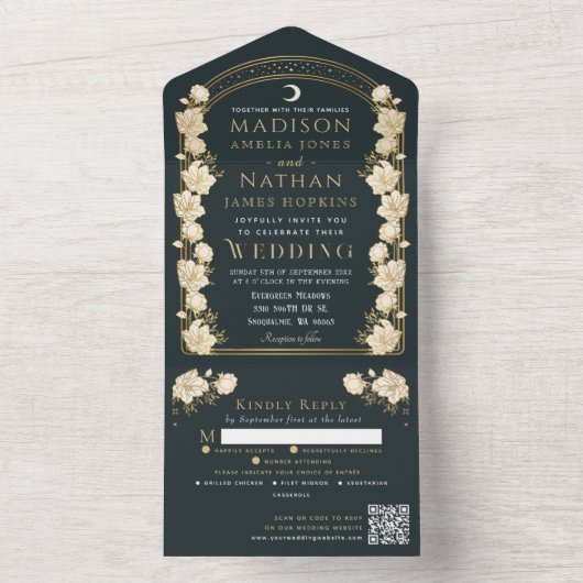 Elegante Arch Art Nouveau QR Code Wedding All In One Uitnodiging (Binnen)