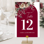 Elegante Arch Bourgondië & Cream Rozen bruiloft Kaart<br><div class="desc">Maak het gemakkelijk voor uw gasten om hun tafels te vinden met deze prachtige tafelnummerkaarten. Het elegante ontwerp is voorzien van een verzameling bordeauxrode en crèmekleurige waterverf rozen bovenop een stijlvolle boog met het tafelnummer prominent weergegeven. Er is ruimte voor de namen van het paar en de trouwdatum.</div>