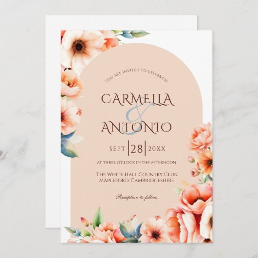 Elegante Arch Detail Perzik bruiloft uitnodiging (Voorkant / Achterkant)