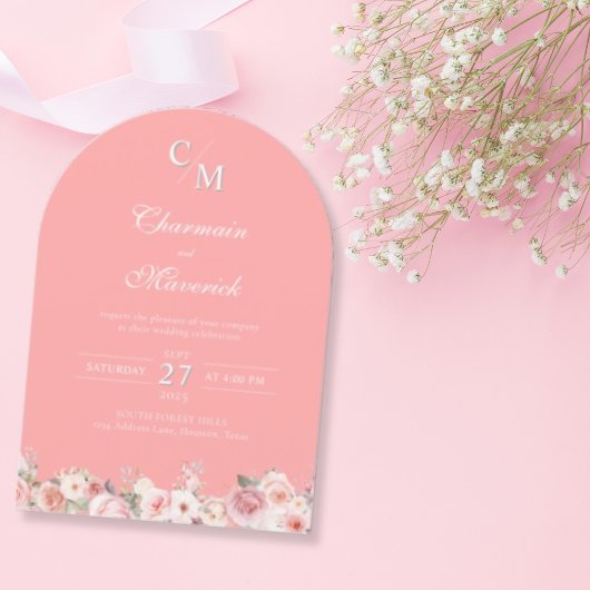 Elegante Arch Licht Roze Monogram Huwelijk Kaart