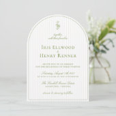 Elegante Arch Sage Green & Beige Stripe Wedding Kaart (Staand voorkant)