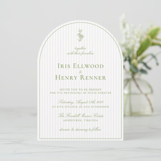 Elegante Arch Sage Green & Beige Stripe Wedding Kaart (Staand voorkant)