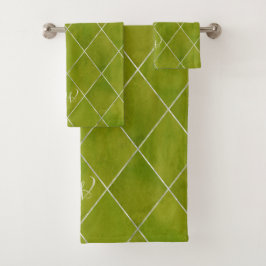 Elegante Argyle Wasabi Groen Zilveren Raster Monog Bad Handdoek