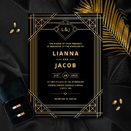 Elegante Art Deco Black Gold bruiloft uitnodiging