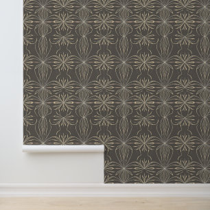Elegante Art Deco Bloemenpatroon in Beige & Grijs Behang