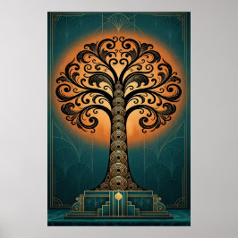 Elegante Art Deco Boom Silhouet Goud & Teal Poster