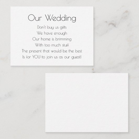 Elegante Art Deco Bruiloft Geen Geschenken Gedicht Informatiekaartje (Voorkant / Achterkant)
