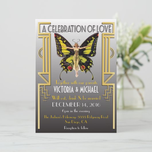 Elegante Art Deco bruiloft uitnodiging (Staand voorkant)