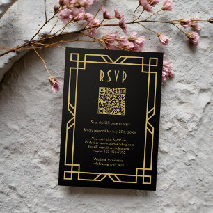 Elegante Art Deco Classic Beige Gold Black QR RSVP Kaartje