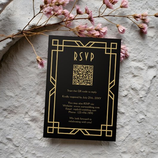 Elegante Art Deco Classic Beige Gold Black QR RSVP Kaartje
