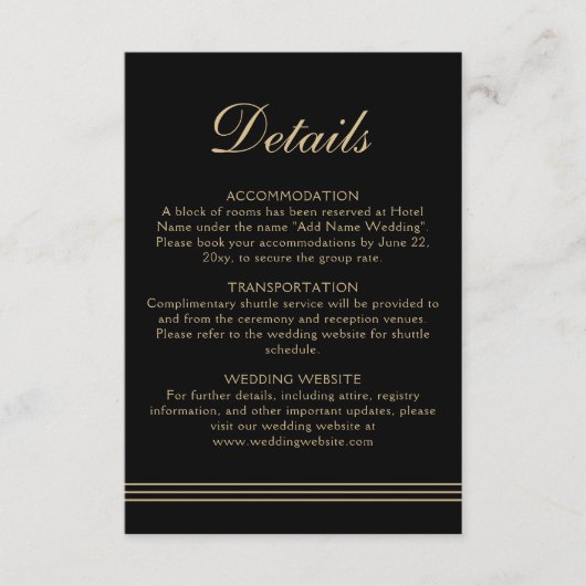 Elegante Art Deco Classic Zwart Goud Informatiekaartje (Voorkant)