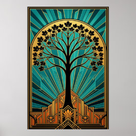 Elegante Art Deco Esdoorn Boom Silhouet Goud Teal Poster