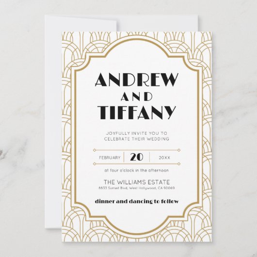 Elegante Art Deco Gatsby 1920s Bruiloft Wit Goud Kaart (Voorkant)