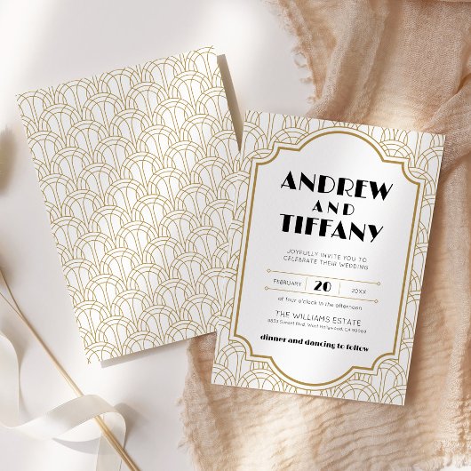 Elegante Art Deco Gatsby 1920s Bruiloft Wit Goud Kaart