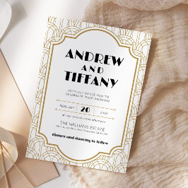 Elegante Art Deco Gatsby 1920s Bruiloft Wit Goud Kaart