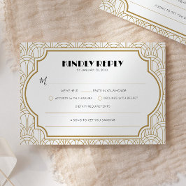 Elegante Art Deco Gatsby Jaren 20 Huwelijk Wit Gou RSVP Kaartje