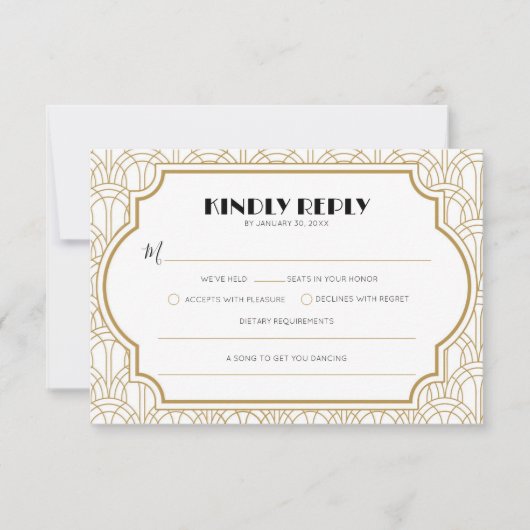 Elegante Art Deco Gatsby Jaren 20 Huwelijk Wit Gou RSVP Kaartje (Voorkant)