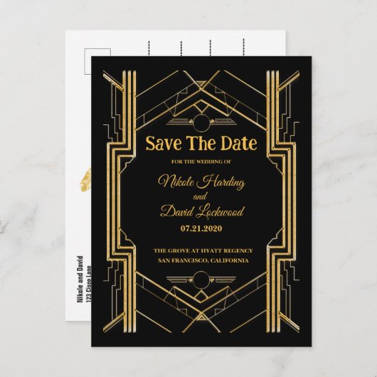 Elegante Art Deco Gatsby Save The Date Aankondigingskaart (Voorkant / Achterkant)