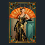 Elegante Art Deco Gatsby Vrouwenportret Goud Poster<br><div class="desc">Omarm de top van de Jazz Age-elegantie met dit verfijnde Art Deco-portret van een vrouw in een geborduurde jurk. Met een rijk teal- en goudkleurpalet staat ze tegen een enorme oranje zonneschermventilator. Weelderige geometrische randen omlijsten dit stuk, waardoor het een ideale keuze is voor een luxe kleedkamer, slaapkamer of boetieksetting....</div>