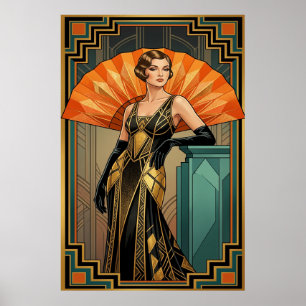 Elegante Art Deco Gatsby Vrouwenportret Goud Poster