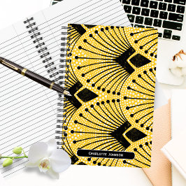 Elegante Art Deco Geel Pauw Patroon Notitieboek