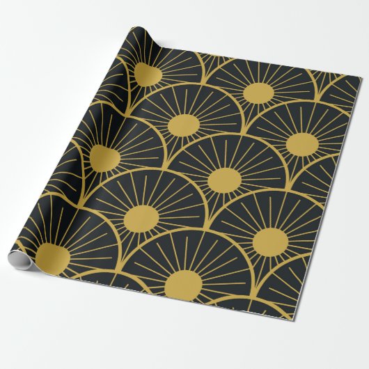 Elegante Art Deco Gold Sun Patroon op zwart Cadeaupapier (Uitgerold)