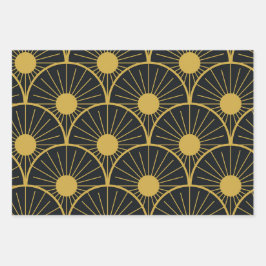 Elegante Art Deco Gold Sun Patroon op zwart Inpakpapier Vel