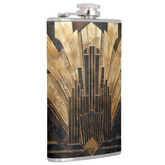 Elegante Art Deco Goud Zwart Cityscape Heupfles (Rechts)