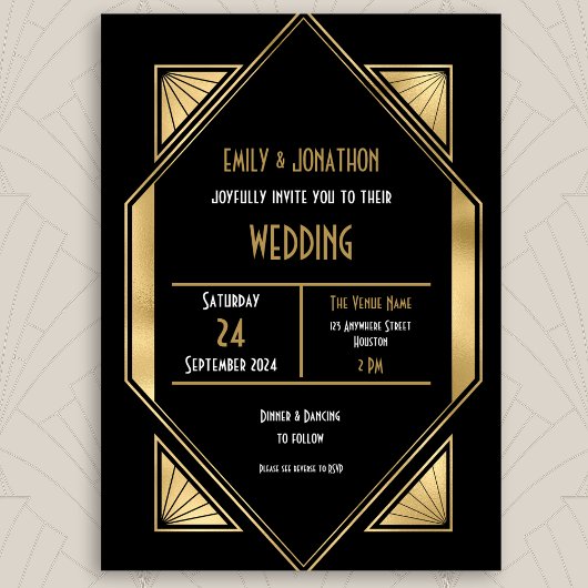 Elegante Art Deco Goud Zwart QR Code Bruiloft Kaart