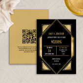 Elegante Art Deco Goud Zwart QR Code Bruiloft Kaart