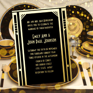 Elegante Art Deco Gouden Bruiloft Folie Uitnodiging