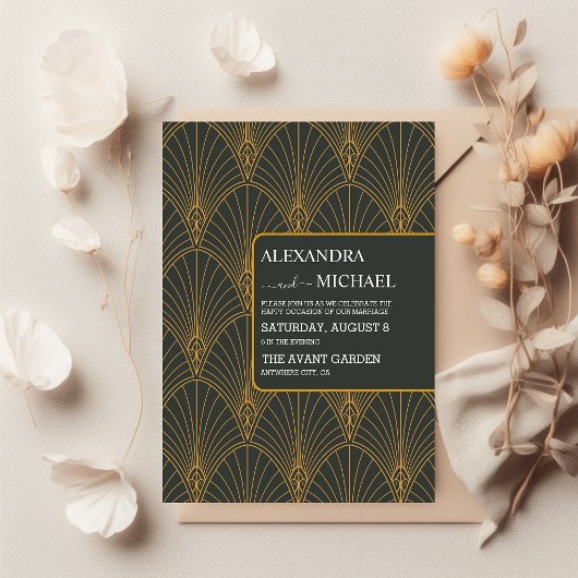 Elegante Art Deco Gouden Groene Bruiloft Kaart