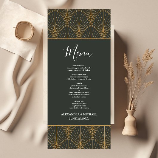 Elegante Art Deco Gouden Groene Bruiloft Menu