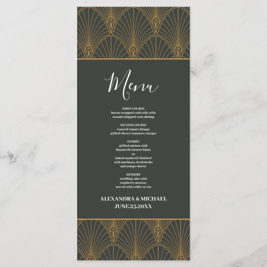 Elegante Art Deco Gouden Groene Bruiloft Menu (Achterkant)