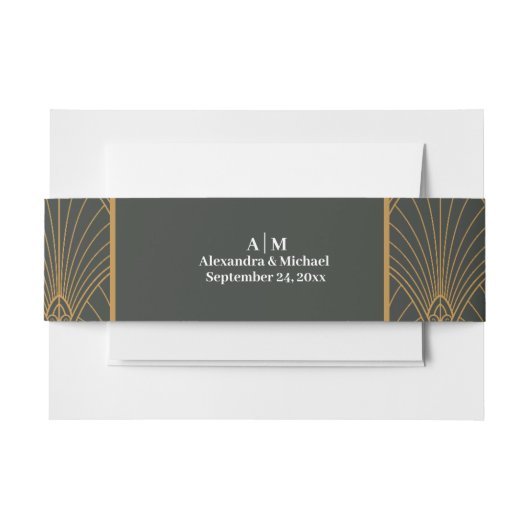 Elegante Art Deco Gouden Groene Bruiloft Uitnodigingen Wikkel (Voorkant Voorbeeld)