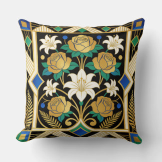 Elegante Art Deco Gouden Rozen & Lelies Zwart Kussen