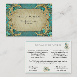 Elegante Art Deco Gouden Turquoise Evenementenplan Visitekaartje