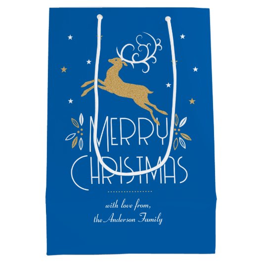 Elegante Art Deco Kerstrendier Blauw Goud Medium Cadeauzakje (Achterkant)