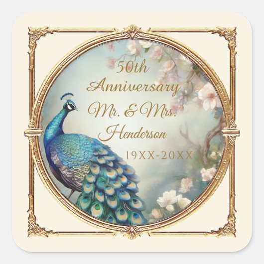 Elegante Art Deco Pauw 50e Jubileum Bloemen Vierkante Sticker (Voorkant)