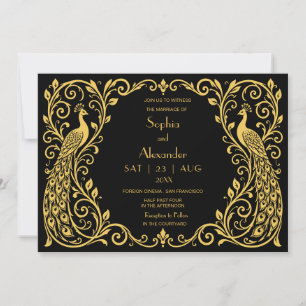 Elegante Art Deco Pauw Goud Zwart Bruiloft Kaart