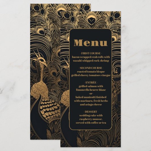 Elegante Art Deco Pauw Wedding Menu (Voorkant / Achterkant)