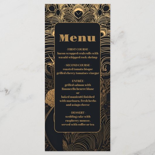 Elegante Art Deco Pauw Wedding Menu (Voorkant)