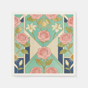 Elegante Art Deco Roze Rozen & Turquoise Bloemen Servet