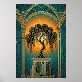 Elegante Art Deco Treurwilg Goud & Teal Poster