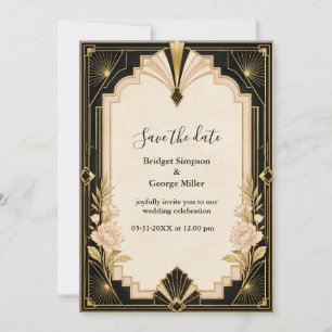Elegante Art Deco Trouw met Pioenroos Goud Kaart