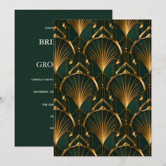 Elegante Art Deco Trouw met Smaragd en Goud Kaart (Voorkant / Achterkant)