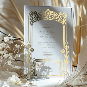 Elegante Art Deco Trouwkaart met Gouden Folie Uitnodiging