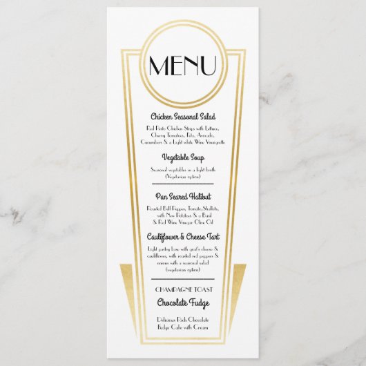 Elegante Art Deco Trouwmenu Goud Witte Receptie Menu (Voorkant)