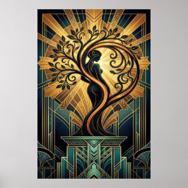 Elegante Art Deco Vrouw Boom Silhouet Zwart Goud Poster