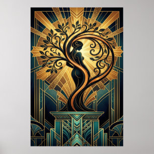 Elegante Art Deco Vrouw Boom Silhouet Zwart Goud Poster